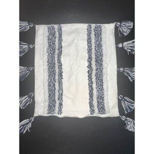 Cotton Pillow Cover Pom Tassels 16x18  White & Navy Stripes Zipper Boho Decor